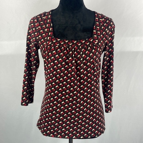 Ann Taylor Tops - Ann Taylor Loft 3/4 Sleeve Square Neck Cotton Top with Geometric Print